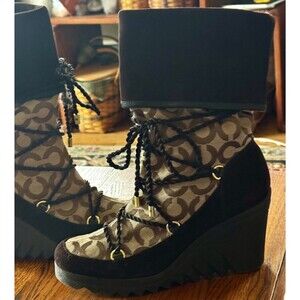 Coach Signature Logo Lace Up Wedge Winter Boots Brown Suede Canvas Women's 8M
